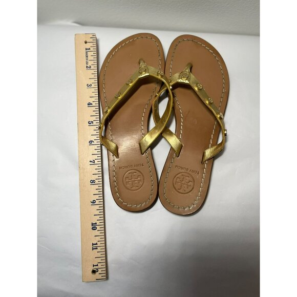 Tory‎ Burch Ricki Logo Studded Gold Leather Flat Thong Flip Flops Sandals Size 6 - Picture 5 of 10